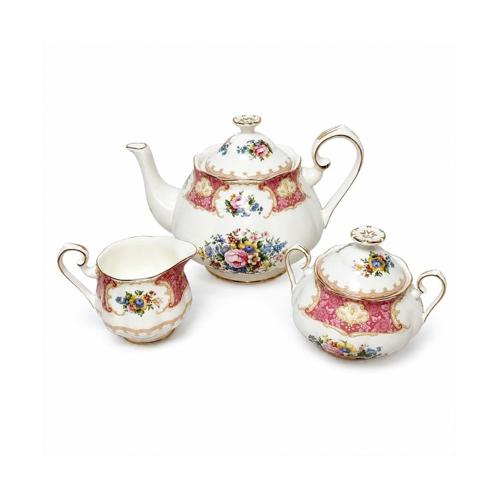 Royal Albert Lady Carlyle Teapot Creamer & Sugar Bowl Tea Set Bone China England